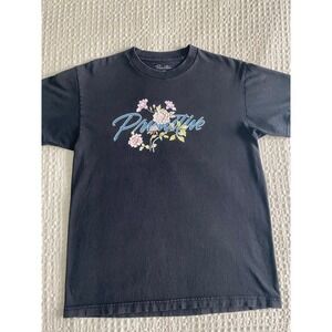 Primitive Skateboarding Mens Black Floral Script Logo Graphic T-Shirt Size M